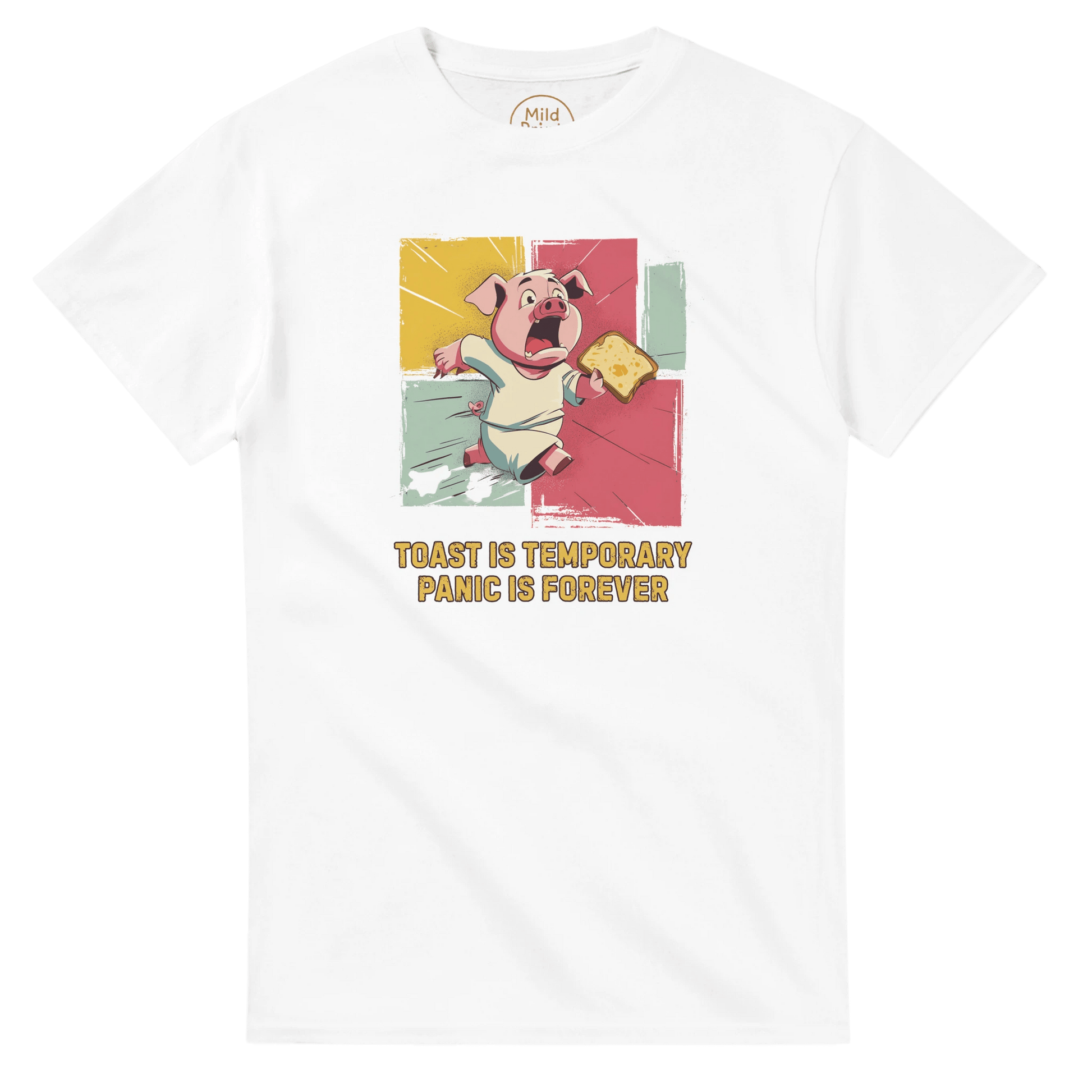 "Toast & Terror" – Funny Pig T-Shirt – Breakfast Anxiety Tee – Cartoon Unisex Graphic Shirt (White) - MildPrint.store