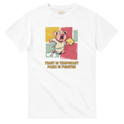 "Toast & Terror" – Funny Pig T-Shirt – Breakfast Anxiety Tee – Cartoon Unisex Graphic Shirt (White) - MildPrint.store