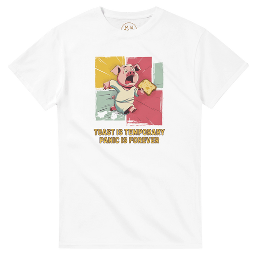 "Toast & Terror" – Funny Pig T-Shirt – Breakfast Anxiety Tee – Cartoon Unisex Graphic Shirt (White) - MildPrint.store