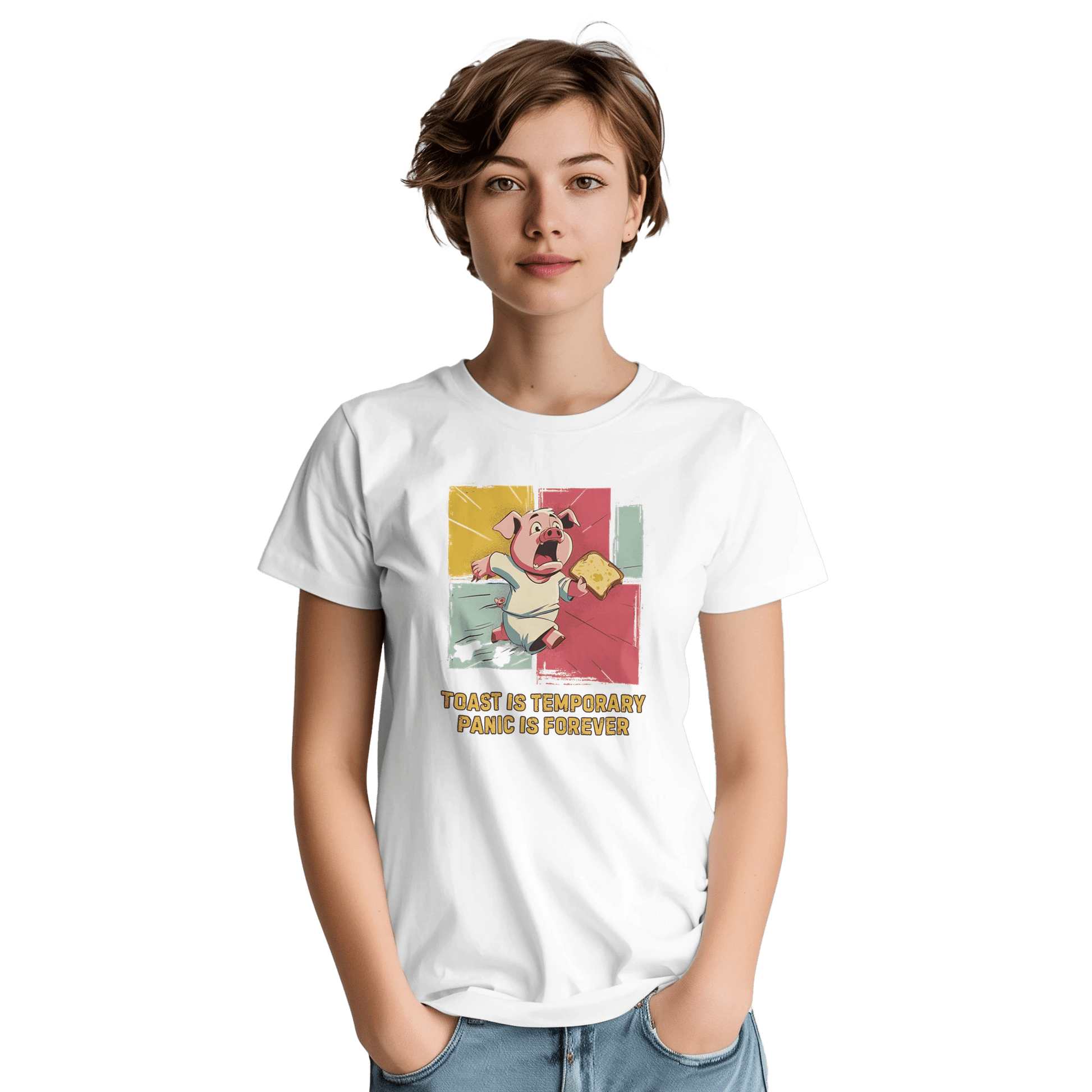 "Toast & Terror" – Funny Pig T-Shirt – Breakfast Anxiety Tee – Cartoon Unisex Graphic Shirt (White) - MildPrint.store