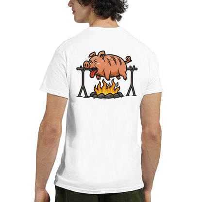"Well Done Pig" – Funny BBQ T-Shirt – Double - Sided Roast Humor Tee – Gag Gift for Grill Lovers (White) - MildPrint.store