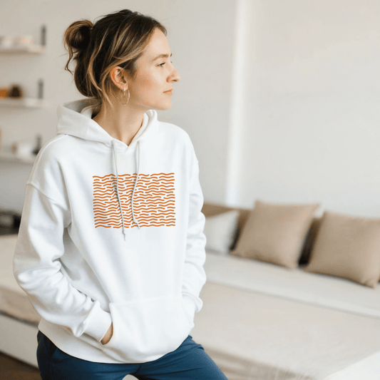 "White Static" – Minimalist White Hoodie with Orange Wave Print - MildPrint.store