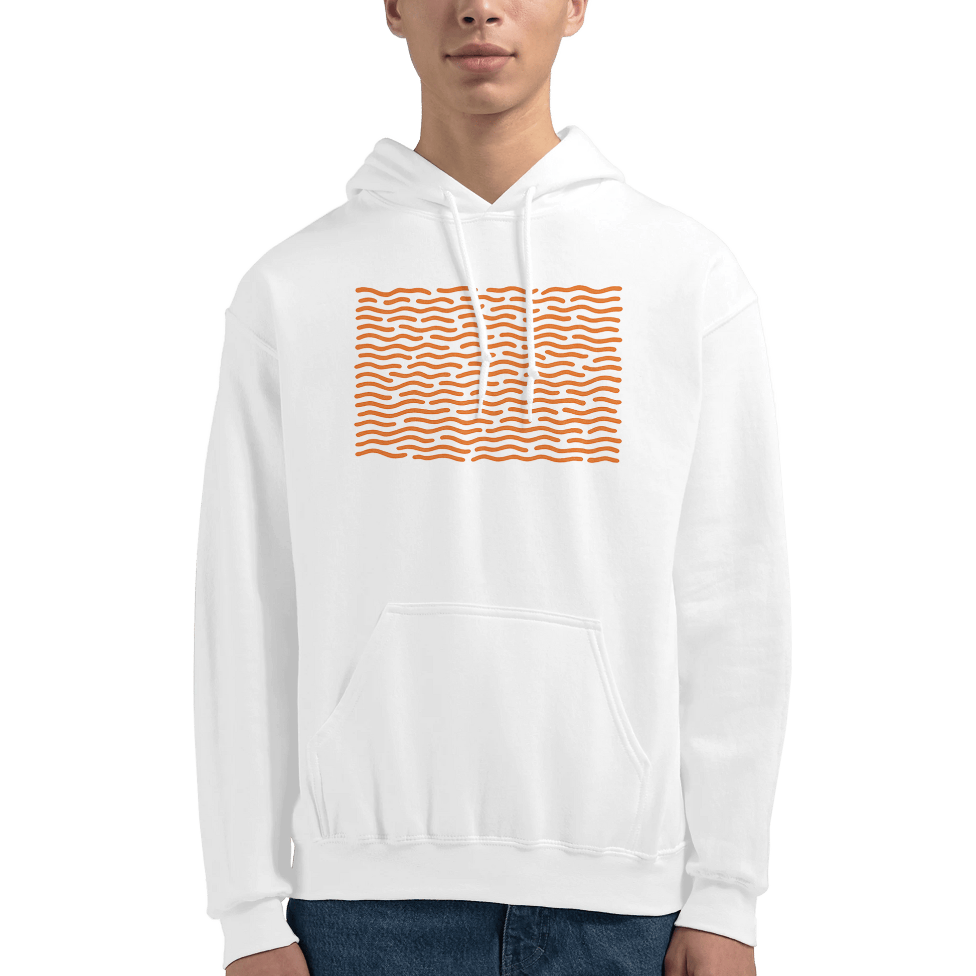 "White Static" – Minimalist White Hoodie with Orange Wave Print - MildPrint.store