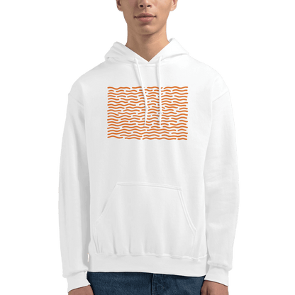 "White Static" – Minimalist White Hoodie with Orange Wave Print - MildPrint.store