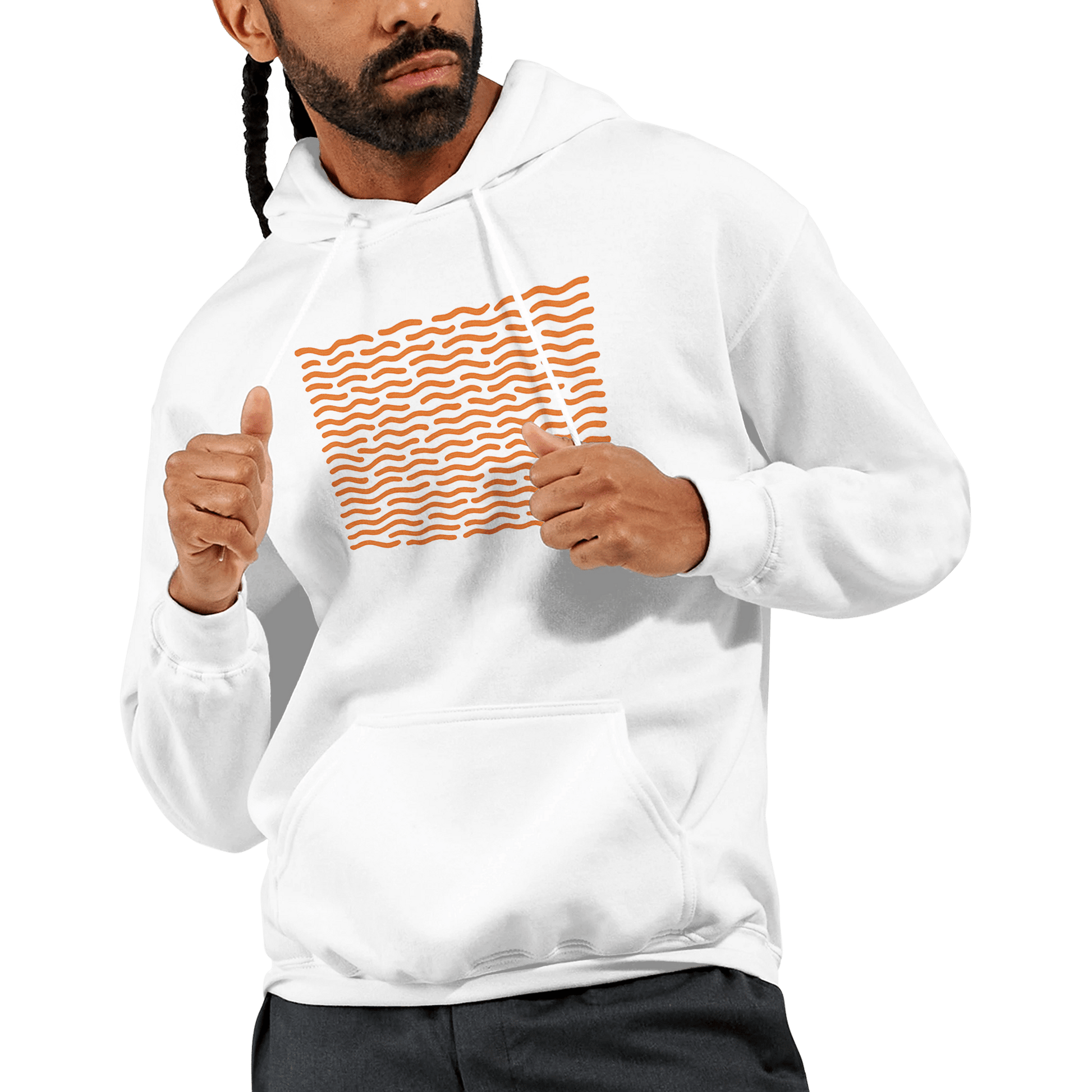 "White Static" – Minimalist White Hoodie with Orange Wave Print - MildPrint.store