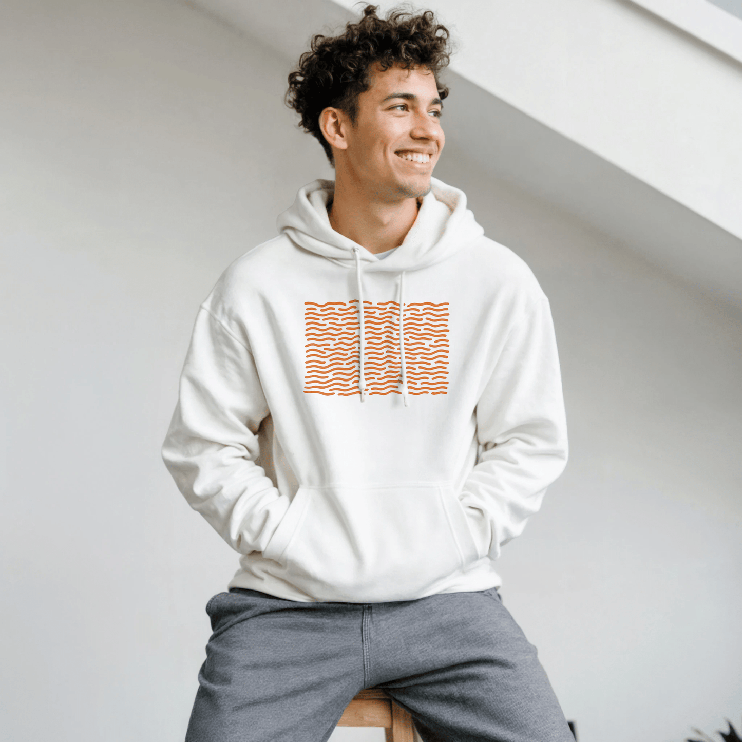 "White Static" – Minimalist White Hoodie with Orange Wave Print - MildPrint.store