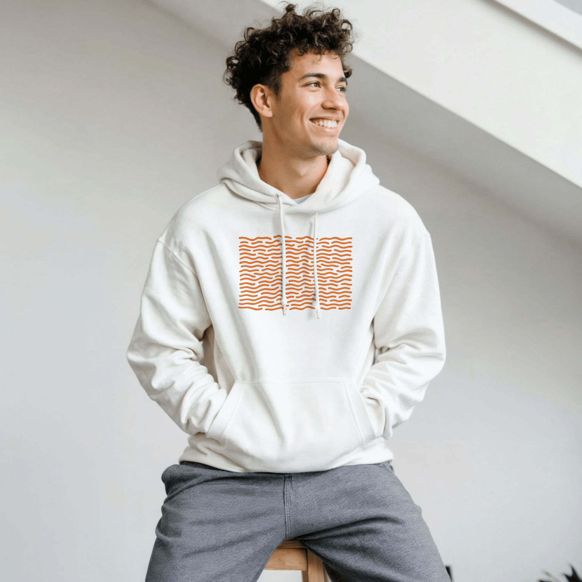 "White Static" – Minimalist White Hoodie with Orange Wave Print - MildPrint.store