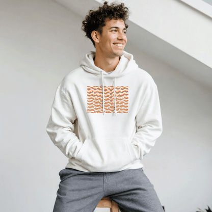 "White Static" – Minimalist White Hoodie with Orange Wave Print - MildPrint.store