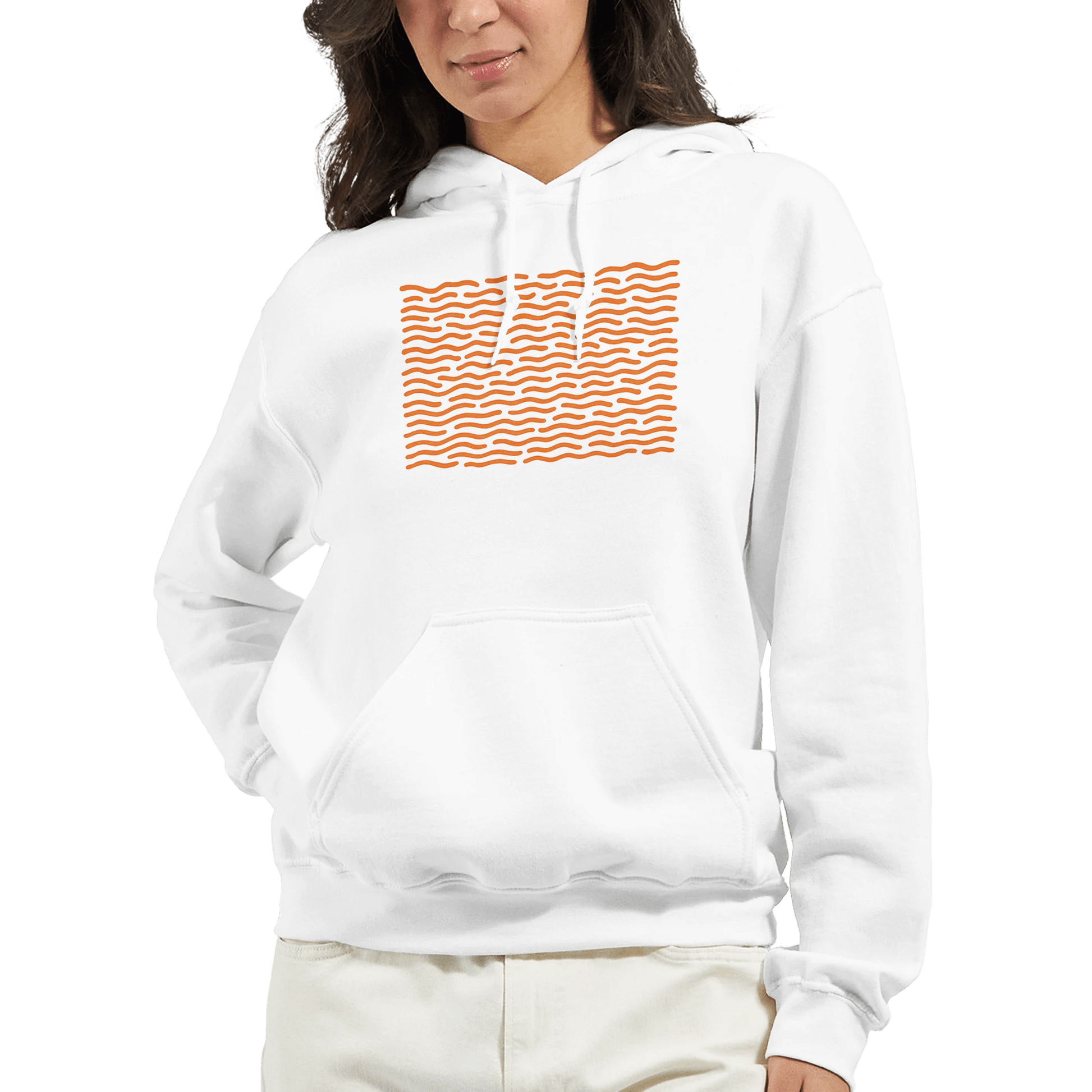 "White Static" – Minimalist White Hoodie with Orange Wave Print - MildPrint.store