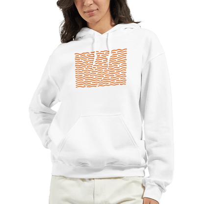 "White Static" – Minimalist White Hoodie with Orange Wave Print - MildPrint.store