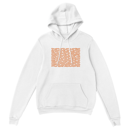 "White Static" – Minimalist White Hoodie with Orange Wave Print - MildPrint.store